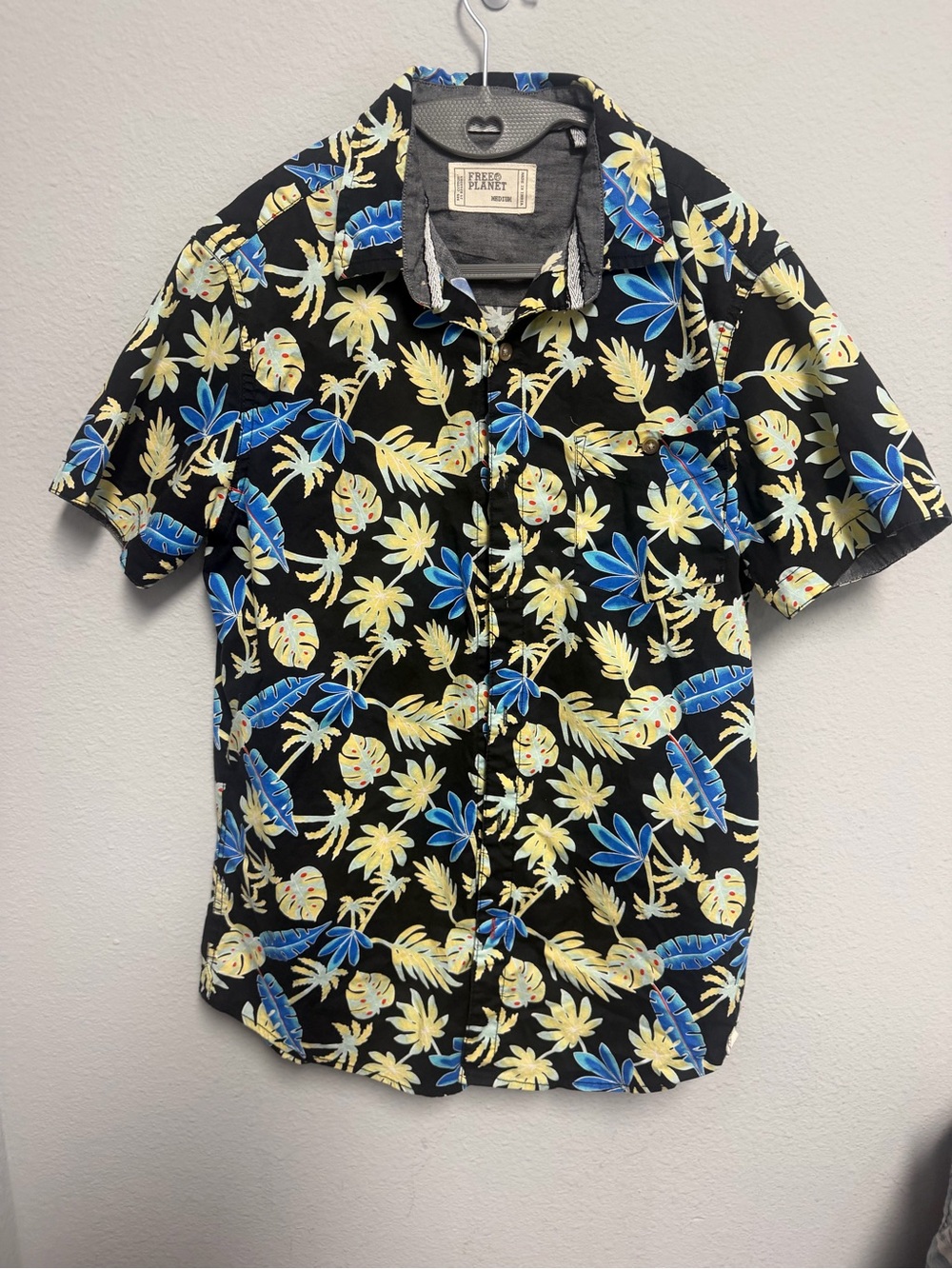 Free Planet Black Short-Sleeve Button-Up with Blue and Yellow Tropical Print